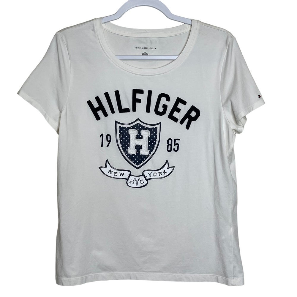 Tommy Hilfiger Spell Out Shield Logo Tee Summer Vacation Beach Coastal Size L